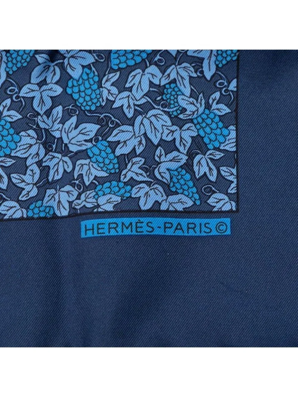 Hermes Carre 45 Petit Gavroche Grape Vines Gray Scarf Navy Blue Silk